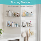 Clear Acrylic Floating Shelves Set of 4 with Hooks – Wall Mounted Display Shelf Organizer for Bathroom, Bedroom, Living Room & Kitchen | Transparent Storage Shelf for Room Decor