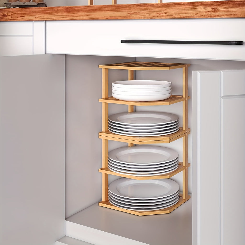 Bamboo Corner Shelf 3-Tier Set of 2 – Countertop & Cabinet Organizer for Kitchen, Bathroom, Spice Rack, Plate & Cup Storage