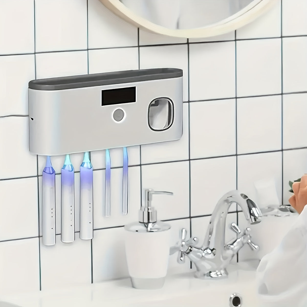 Wall Mounted Toothbrush Holder No Drill 4 Slot Bathroom Toothpaste and Toothbrush Storage Rack Modern Bathroom Organizer White Grey Space-Saving Bathroom Accessories