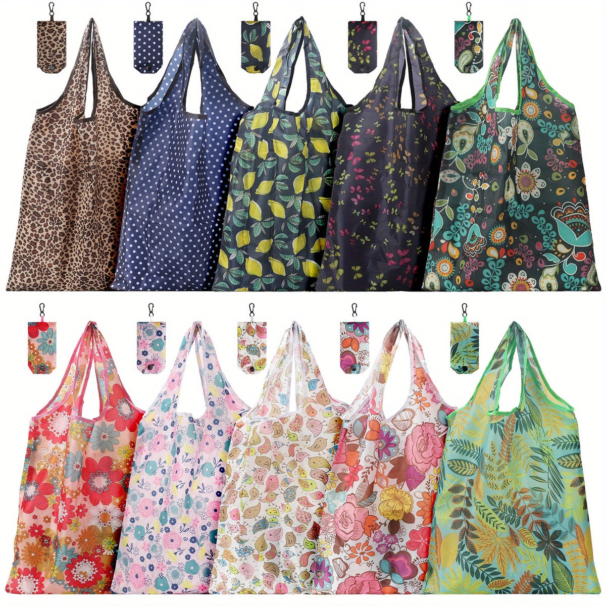 Reusable Shopping Bags Set of 10 Foldable Tote Bags – Vibrant Floral & Tropical Designs, Lightweight Leak-Resistant Polyester Grocery Bags for Shopping, Travel, Farmers Market & Gift