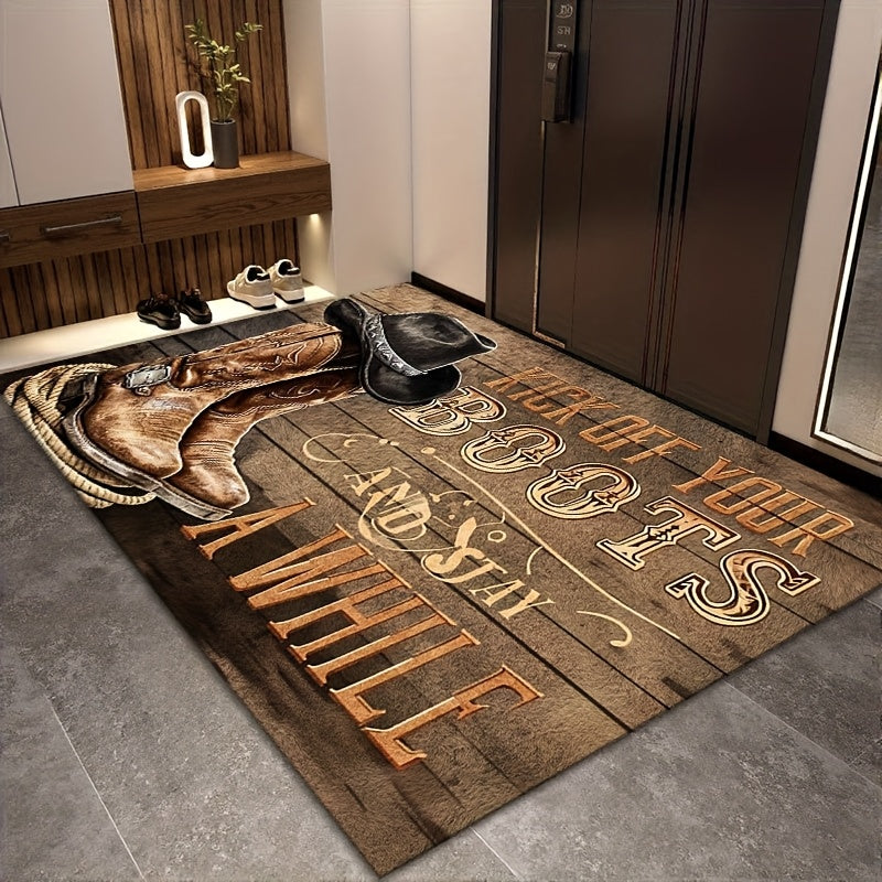 Western Cowboy Boot Doormat Indoor Outdoor Farmhouse Welcome Mat | "Take Off Your Boots" Rustic Ranch Entrance Rug for Front Door Porch Mudroom – Durable Polyester, Easy Clean, 20x30 & 24x36 Inch