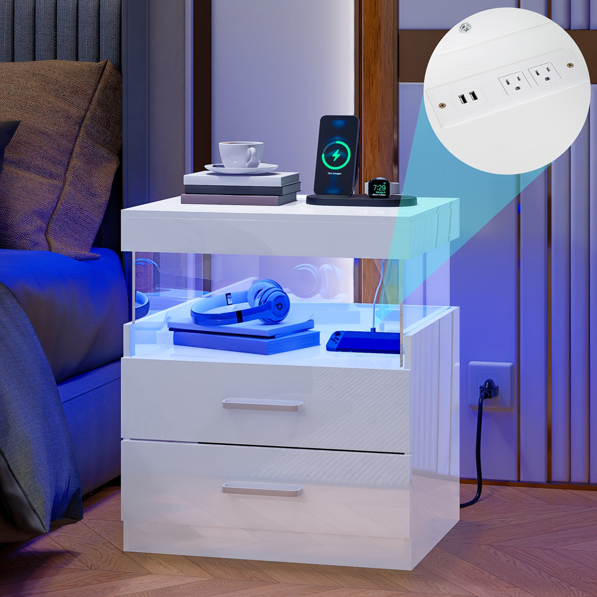 LED Nightstand with Charging Station USB Ports Outlets High Gloss Adjustable LED Lights 2 Storage Drawers Wood End Table Bedroom Living Room White Black 1pc or 2pcs