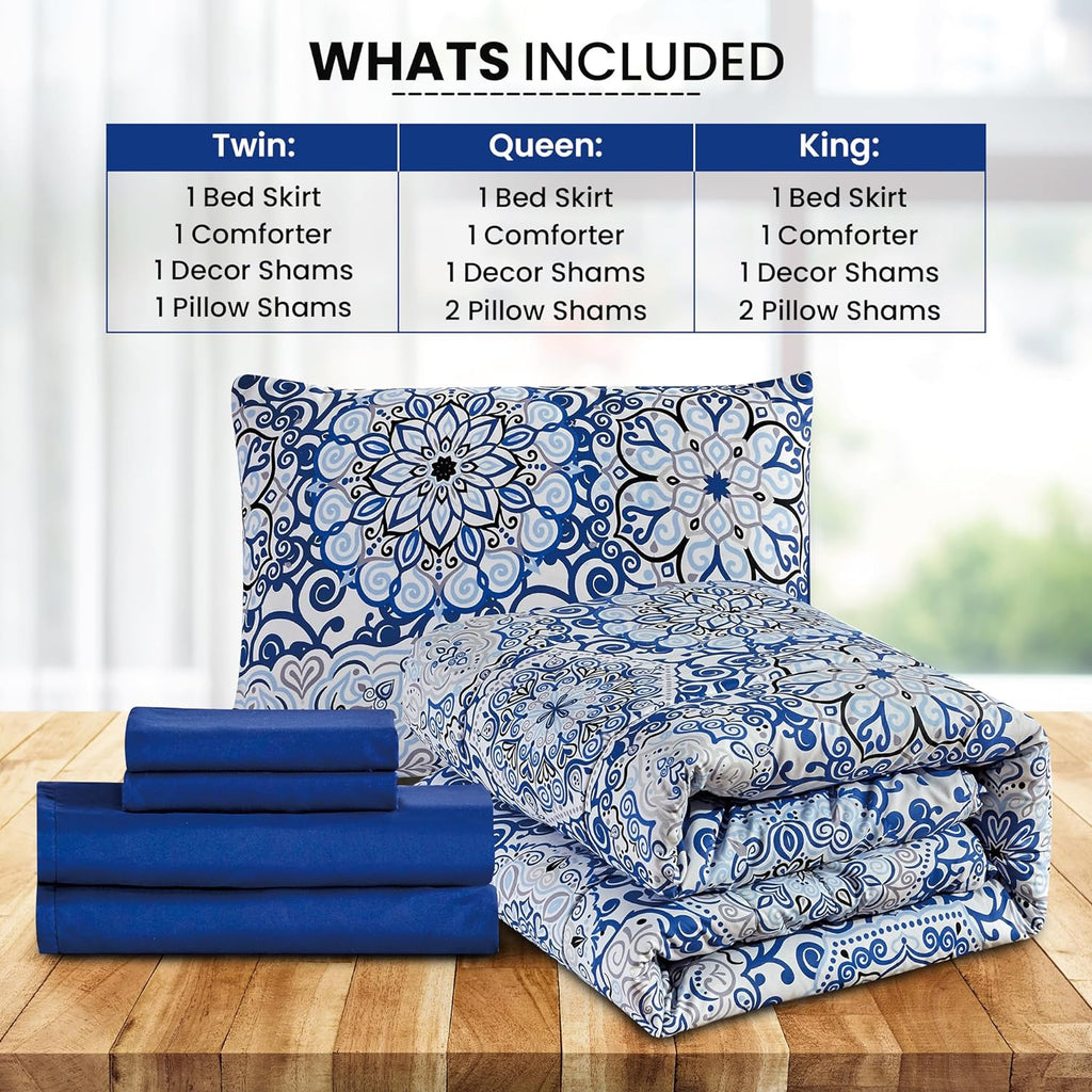 5-Piece Comforter Set – Reversible Quilted Down Alternative Bedding Set with Pillow Shams, Bed Skirt & Cushion | All Season | Twin, Queen, King