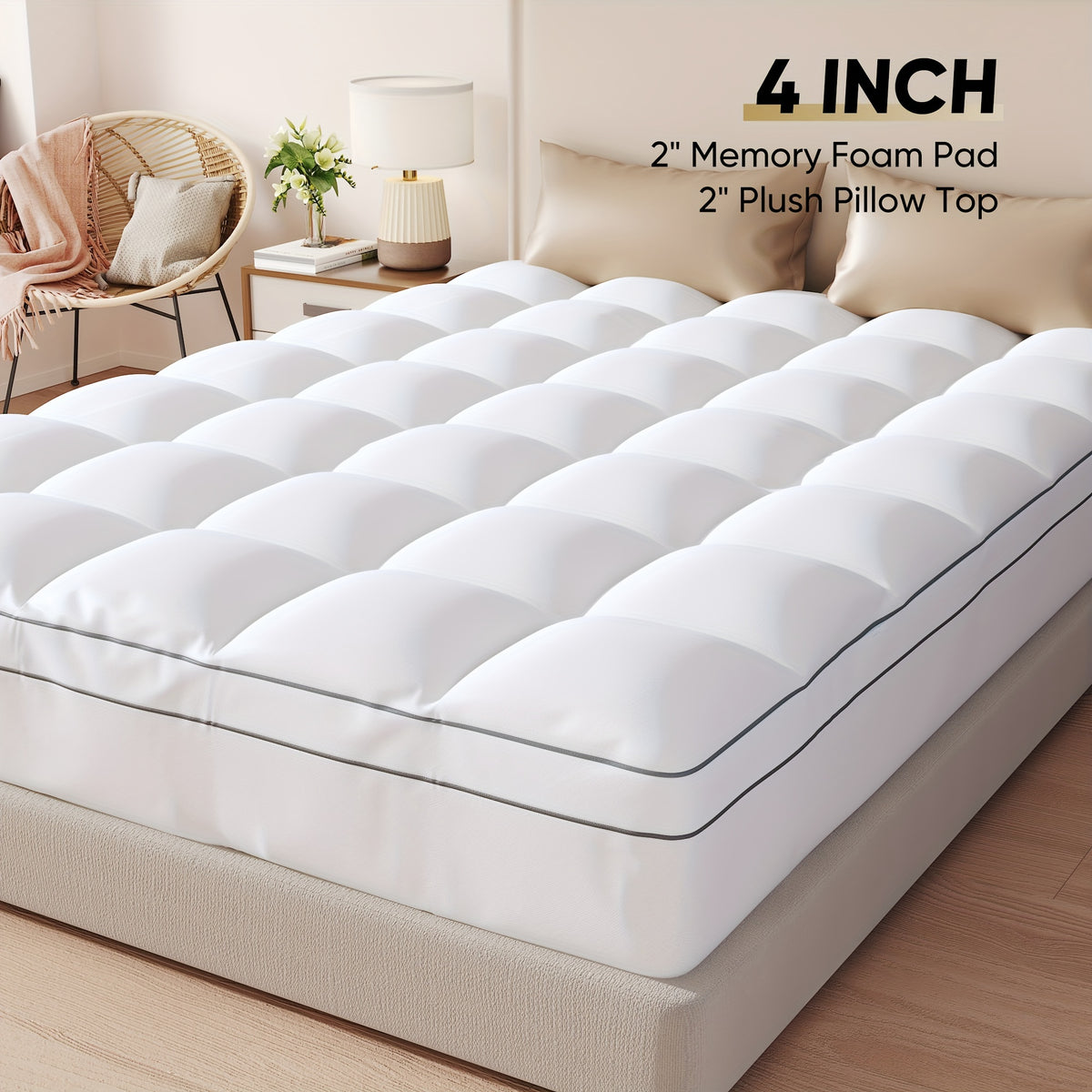 4 Inch Gel Memory Foam Mattress Topper | Dual Layer 2" Gel Foam + 2" Pillow Top, Removable Washable Cover, 8-21" Deep Pocket – Twin, Twin XL, Full, Queen