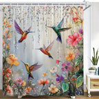 Hummingbird Floral Shower Curtain 70x70 Inch – Vibrant Iridescent Pink Orange Purple Flowers Polyester Fabric Machine Washable Nature Lover Bathroom Decor