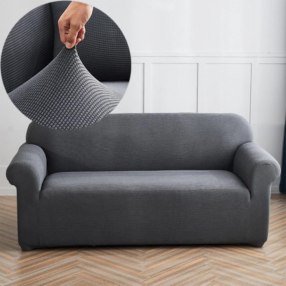 Solid Color Jacquard Sofa Cover Full Coverage High Stretch Non-Slip Machine Washable All Season Pet Friendly Couch Protector Living Room Office