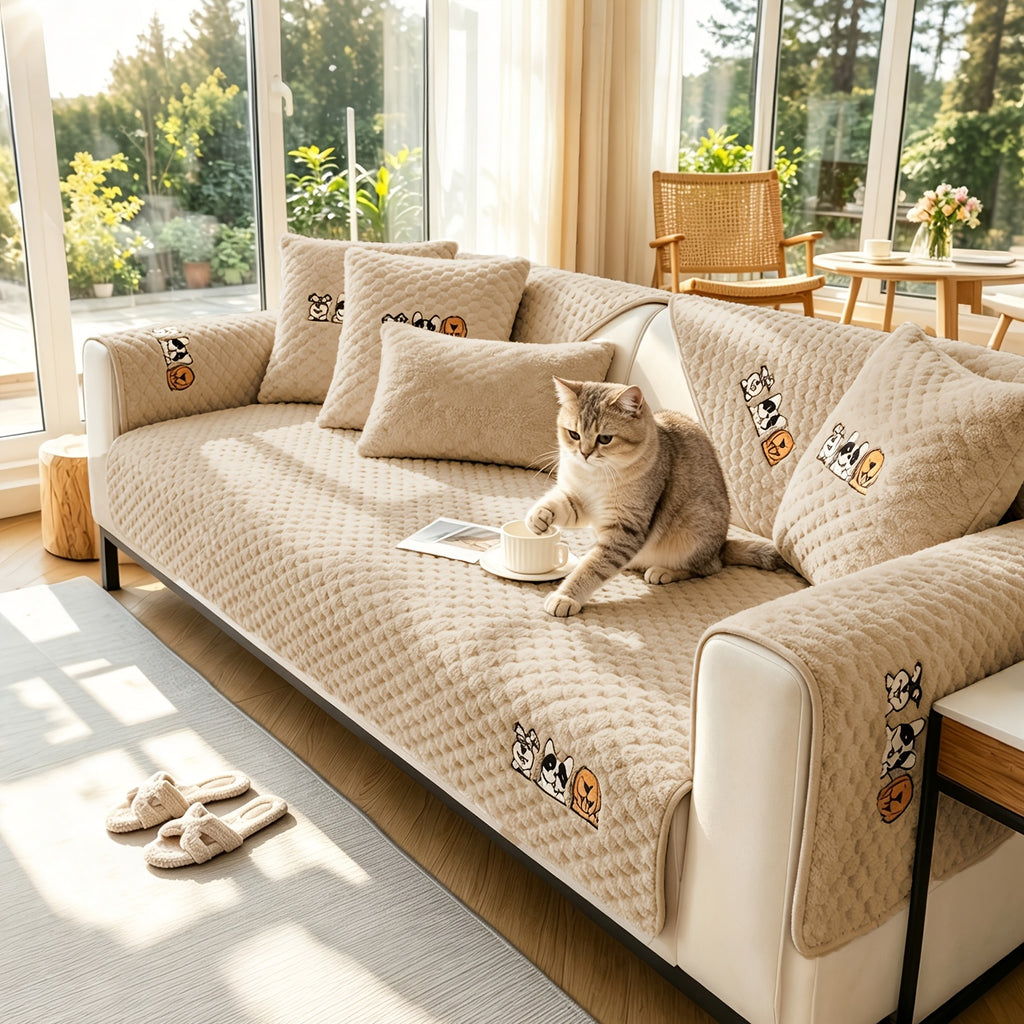 Honeycomb Velvet Sofa Slipcover Pet-Friendly Non-Slip with Cute Dog Embroidery, Bohemian Style Machine Washable Polyester Couch Cover for Sofa Cushion Backrest Armrest – Single Piece Home Decor, Grey