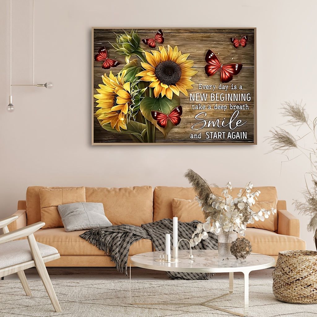 Inspirational Quote Canvas Wall Art Framed Sunflower Red Butterfly – Every Day Is A New Beginning Rustic Farmhouse Wall Decor Ready to Hang, Motivational Living Room Bedroom Gift