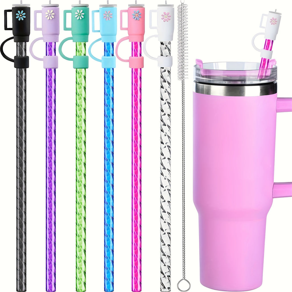 Reusable Spiral Straws Set of 6 with Caps and Cleaning Brush - Food Safe TPU Straws Compatible with 40oz 30oz 20oz Tumblers and Half Gallon Jugs - Eco-Friendly Drinking Straws