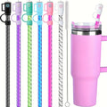 Reusable Spiral Straws Set of 6 with Caps and Cleaning Brush - Food Safe TPU Straws Compatible with 40oz 30oz 20oz Tumblers and Half Gallon Jugs - Eco-Friendly Drinking Straws