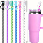 Reusable Spiral Straws Set of 6 with Caps and Cleaning Brush - Food Safe TPU Straws Compatible with 40oz 30oz 20oz Tumblers and Half Gallon Jugs - Eco-Friendly Drinking Straws