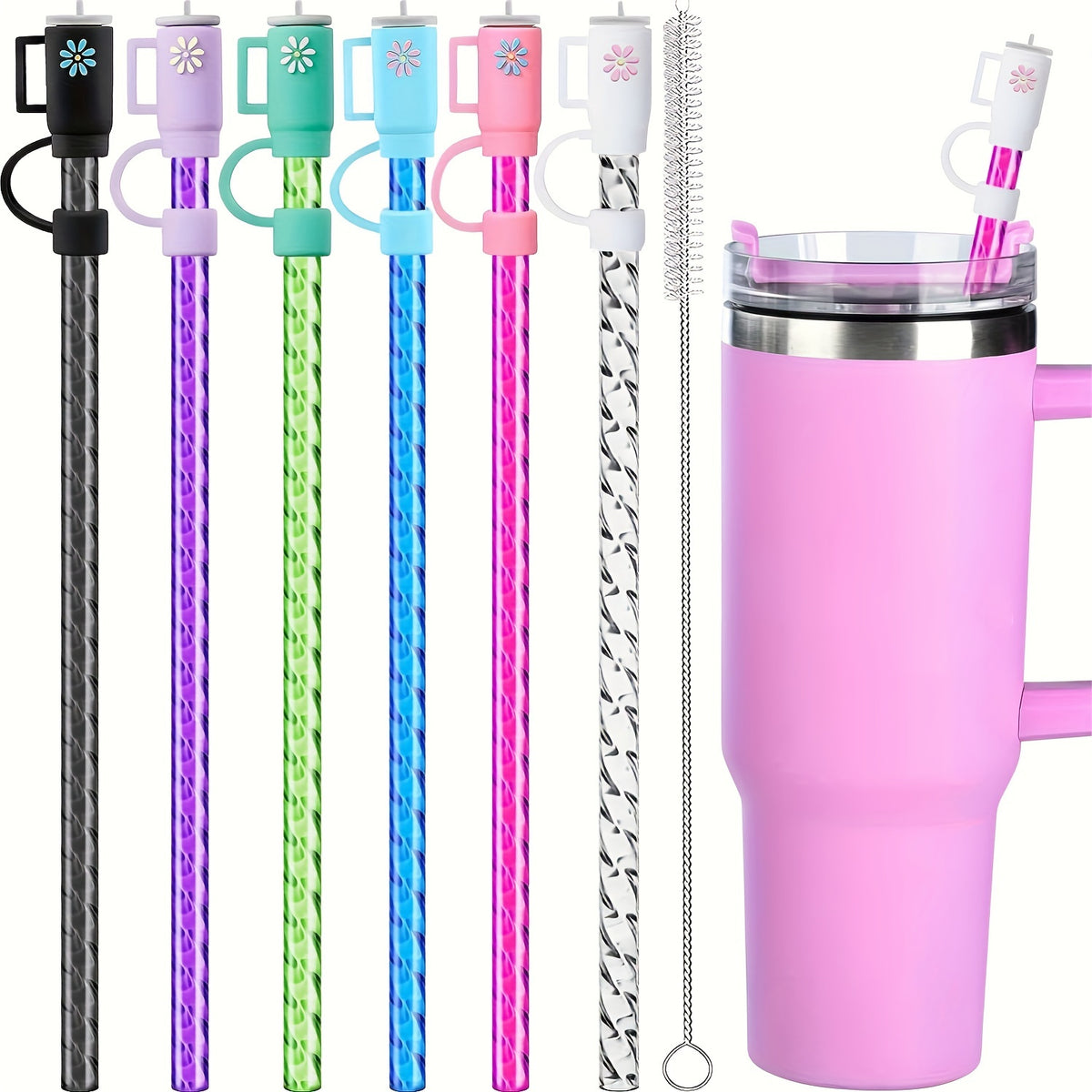 Reusable Spiral Straws Set of 6 with Caps and Cleaning Brush - Food Safe TPU Straws Compatible with 40oz 30oz 20oz Tumblers and Half Gallon Jugs - Eco-Friendly Drinking Straws