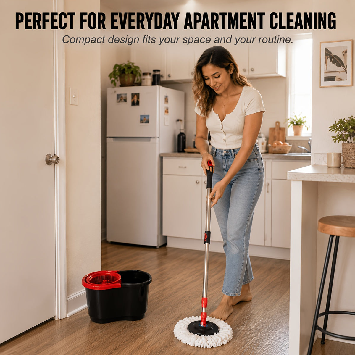 Spin Mop and Bucket Set with 4 Microfiber Heads - Compact Self-Wringing Hands-Free Floor Mop for Apartments Dorms & Small Spaces Fits Under Sink