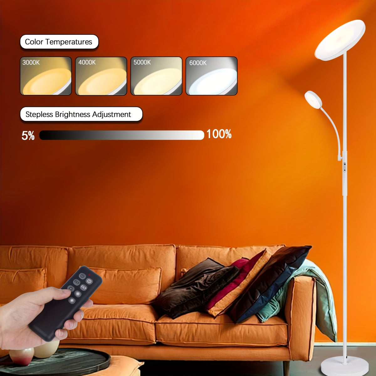 LED Torchiere Floor Lamp 27W+7W Dual Light with Reading Arm, 4 Color Temperatures, Dimmable, Remote & Touch Control – Home & Office Standing Lamp | Nuvia Haven