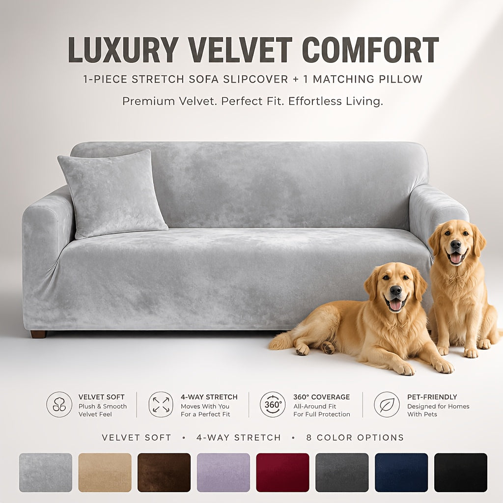 Velvet Stretch Sofa Cover Slipcover – Thick High-Elasticity Plush Couch Cover for L-Shape 1 2 3 4 Seater, Polyester Spandex Furniture Protector with Pillowcase for Living Room