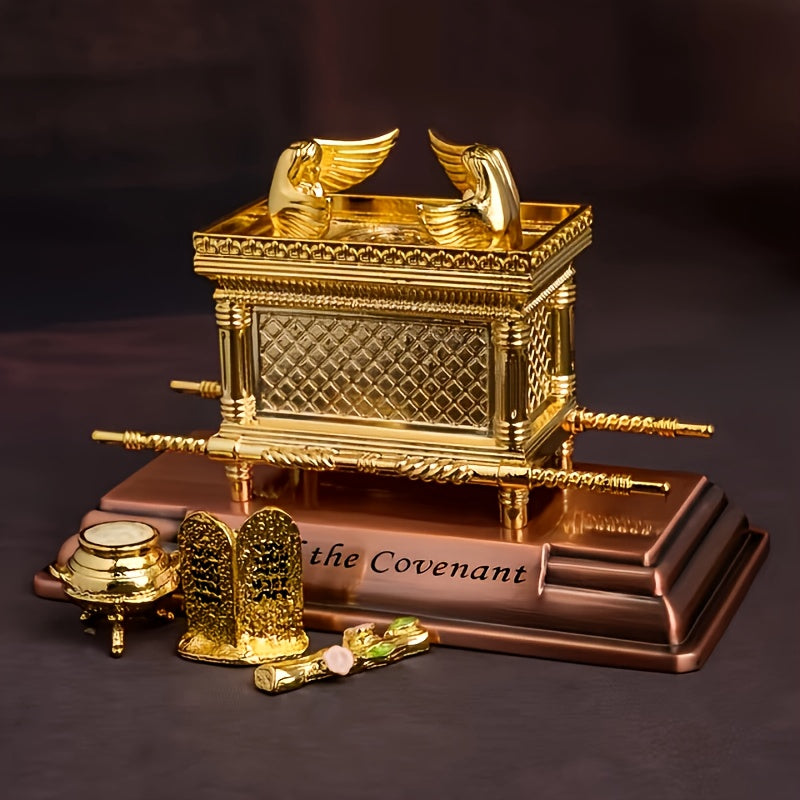 Metal Ark of the Covenant Statue Decoration Set with Aaron's Staff, Manna Bowl & Ten Commandments Plate – Biblical Figurine Gift for Hanukkah, Christmas, Birthday & Anniversary