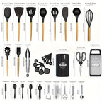 35/36-Piece Silicone Kitchen Utensils Set with Rack & Wooden Handles – Heat Resistant Cooking Tools for Non-Stick Pans | Complete Kitchen Utensil Set