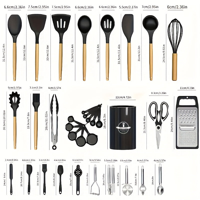 35/36-Piece Silicone Kitchen Utensils Set with Rack & Wooden Handles – Heat Resistant Cooking Tools for Non-Stick Pans | Complete Kitchen Utensil Set