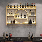 Wall Mounted Wine Bottle Rack with LED Lighting 3-Tier Floating Iron Shelf with Glass Holder for Kitchen Living Room Bar Golden Black 39-55 Inch