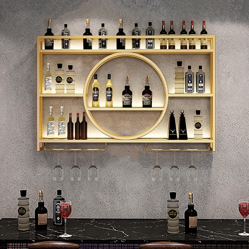 Wall Mounted Wine Bottle Rack with LED Lighting 3-Tier Floating Iron Shelf with Glass Holder for Kitchen Living Room Bar Golden Black 39-55 Inch