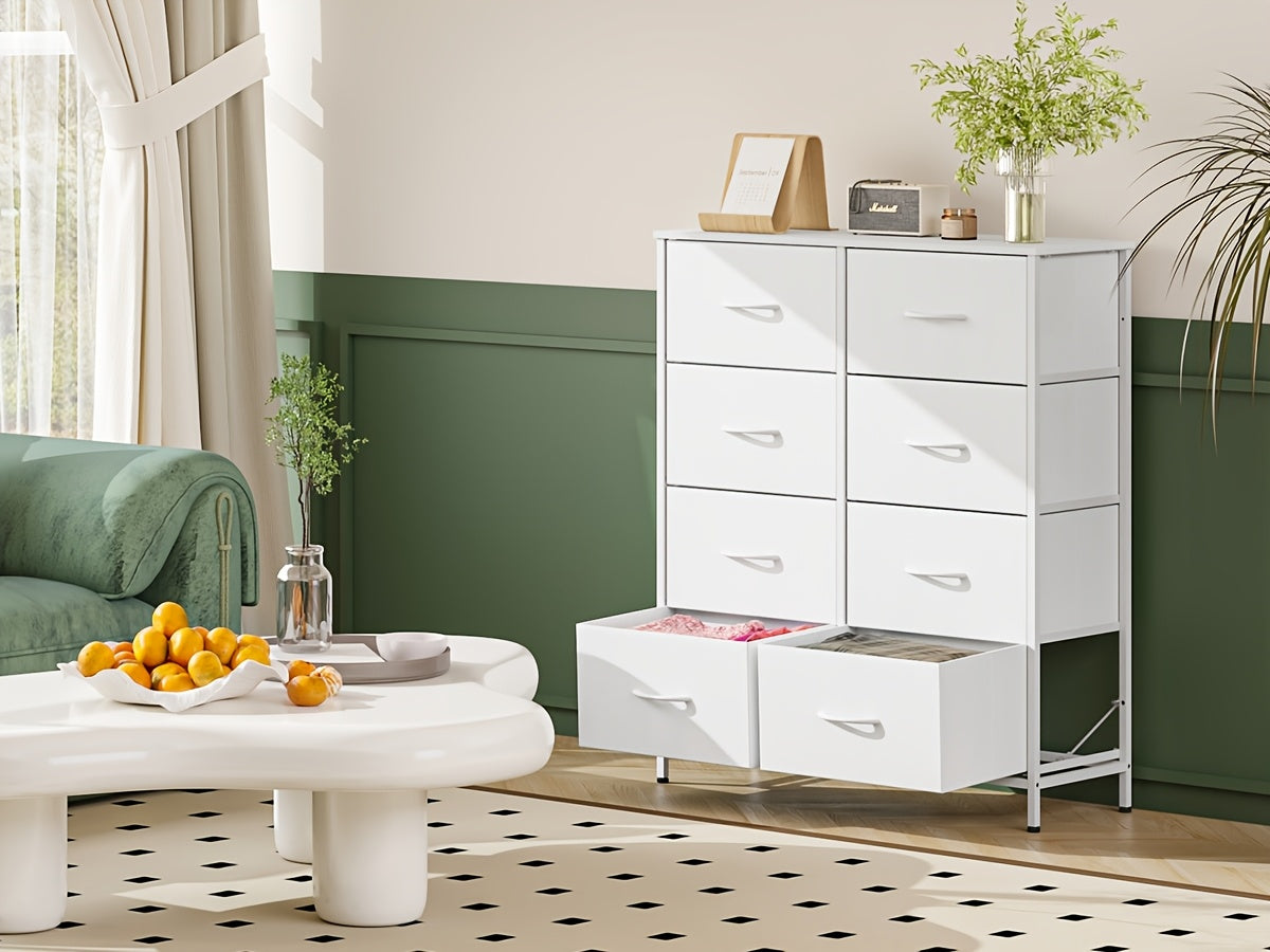 Fabric Storage Chest of 8 Drawers – 4 Independent Sections, Sturdy Metal Frame & Wood Tabletop, Bedroom Dresser for Closet, Living Room & Entryway | White & Brown