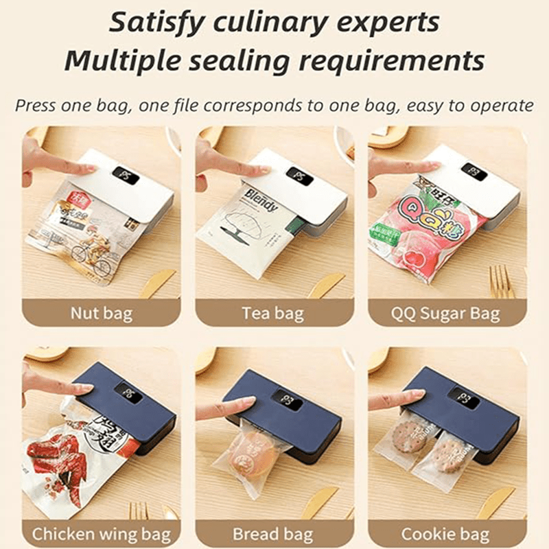 Mini Bag Sealer USB Rechargeable with Built-In Cutter, 6-Level Heat Portable Food Sealer for Chips, Snacks, Fruits & Veggies — Compact Kitchen & Picnic Gadget, White & Blue