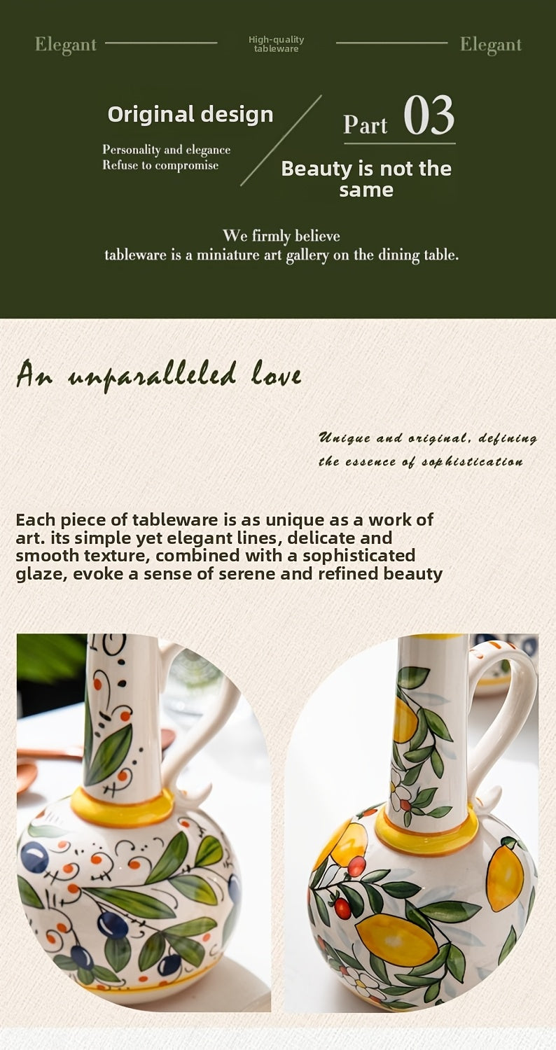 Hand-Painted Ceramic Oil & Vinegar Dispenser Set, Anti-Drip Leak-Proof Underglaze Kitchen Condiment Bottles with Oil Spout & Foot Pad, Artisan Table Serveware, Great Housewarming Gift