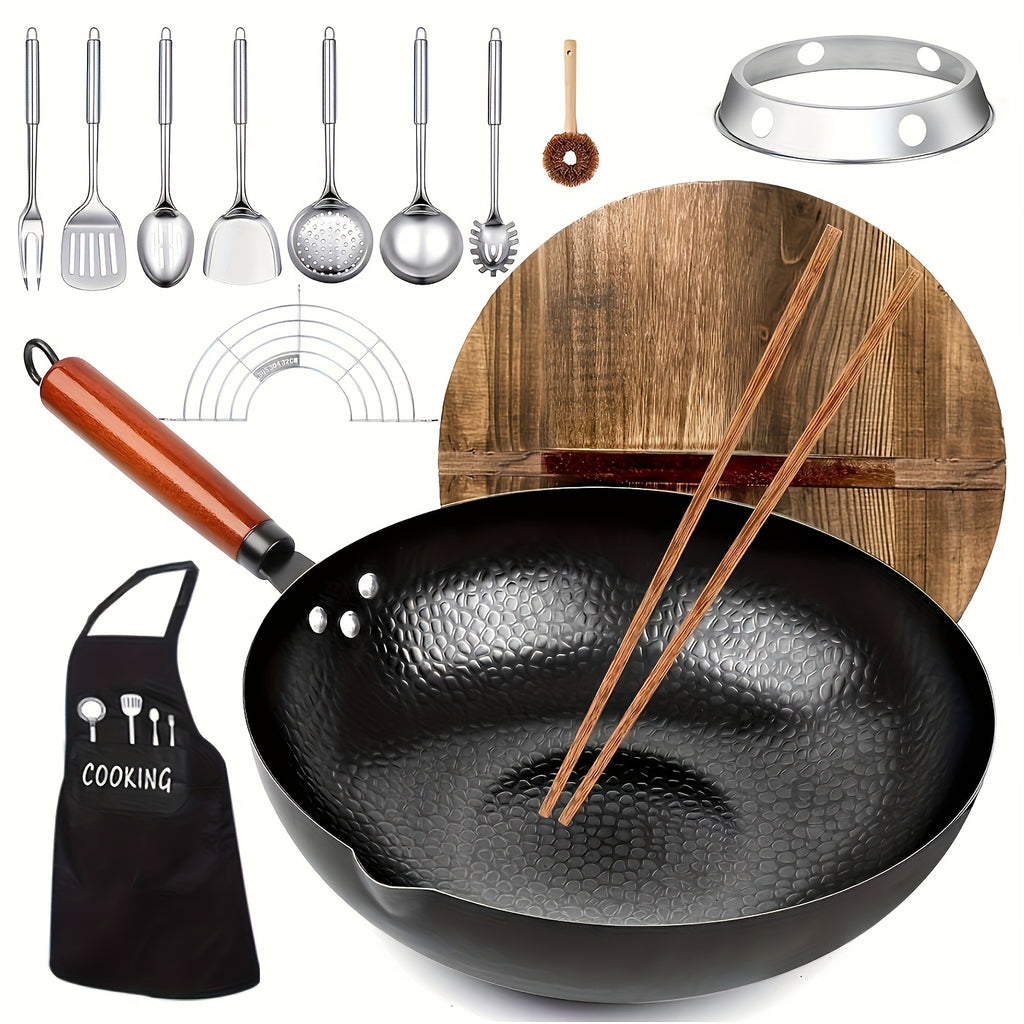 Cast Iron Wok Pan Set 14 Piece 12.6 Inch Flat Bottom with Lid & Accessories for All Stoves – Complete Asian Cookware Set for Stir Frying Camping & Family Cooking