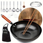 Cast Iron Wok Pan Set 14 Piece 12.6 Inch Flat Bottom with Lid & Accessories for All Stoves – Complete Asian Cookware Set for Stir Frying Camping & Family Cooking