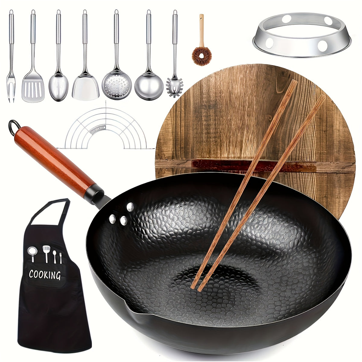 Cast Iron Wok Pan Set 14 Piece 12.6 Inch Flat Bottom with Lid & Accessories for All Stoves – Complete Asian Cookware Set for Stir Frying Camping & Family Cooking
