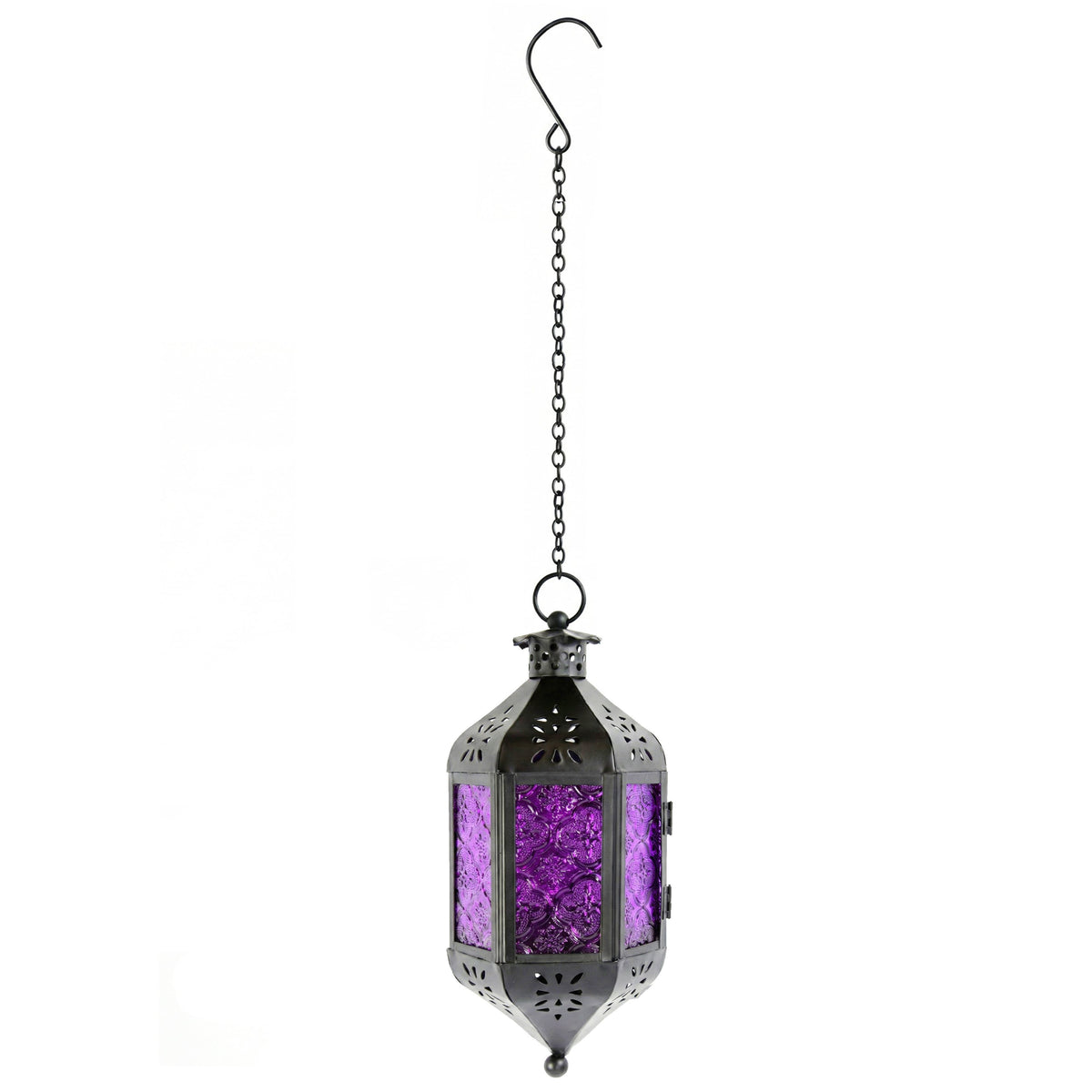 Moroccan Hanging Candle Lantern with Chain – Vintage Boho Style Iron & Glass Tealight Holder for Home, Patio, Garden, Wedding & Ramadan Decor (23.5" Overall)