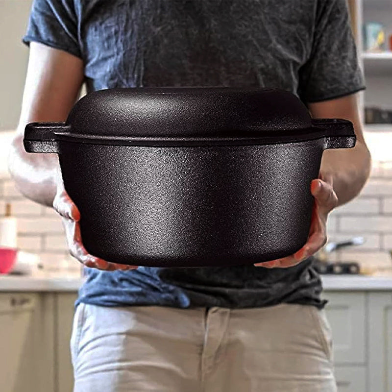 Cast Iron Dutch Oven Set 2-in-1 – 6.1QT Deep Pot & 1.9QT Frying Pan Lid, 6-Piece with Silicone Handles, Scraper & Iron Frame | Pre-Season Ready, Oven, Stove, BBQ & Induction Safe
