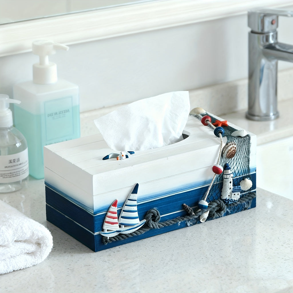 Nautical Tissue Box Cover Coastal Decor - Decorative Wood Tissue Dispenser with Rope & Sailboat Detail, Beach Theme Tissue Holder for Living Room, Bathroom & Office, Mediterranean Style Home Accent