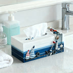 Nautical Tissue Box Cover Coastal Decor - Decorative Wood Tissue Dispenser with Rope & Sailboat Detail, Beach Theme Tissue Holder for Living Room, Bathroom & Office, Mediterranean Style Home Accent
