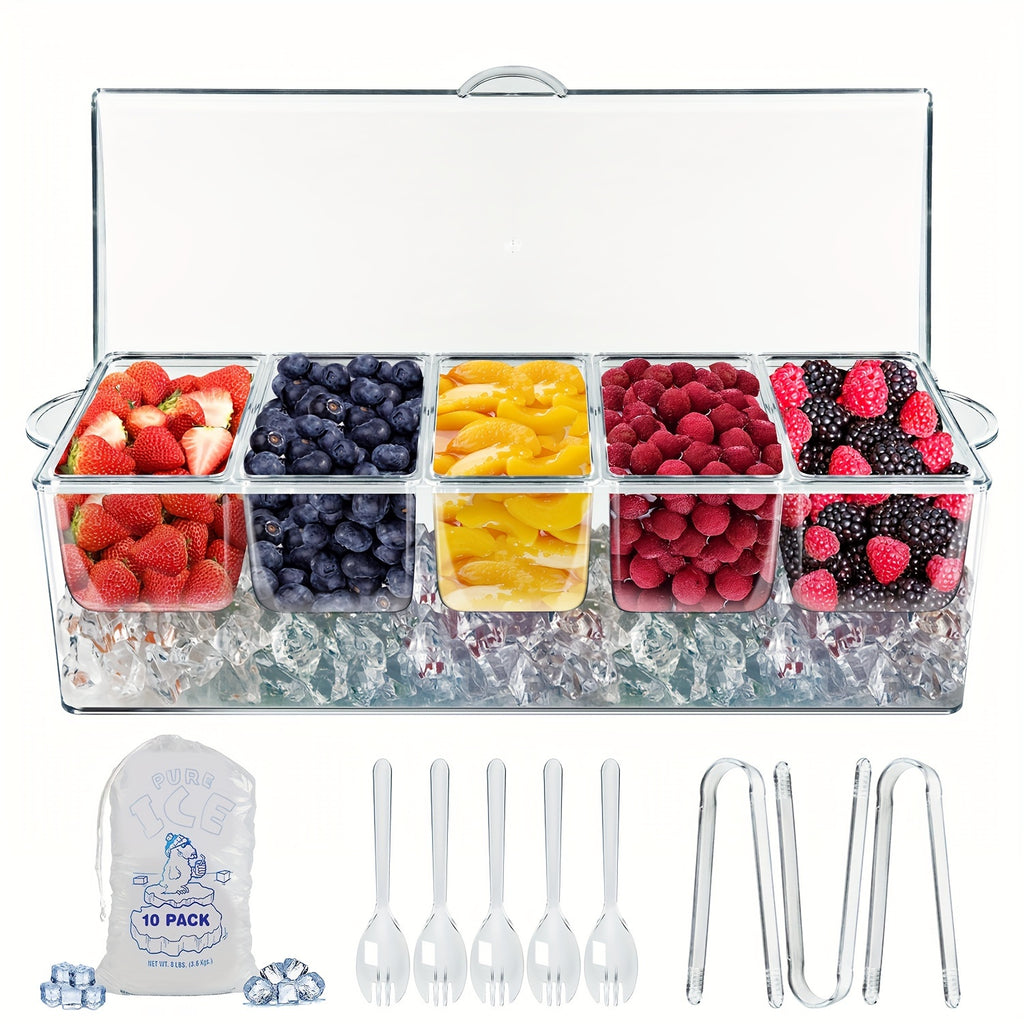 Chilled Condiment & Seasoning Serving Tray Set – Clear Dipping Sauce Plates with Optional Ice Packs or Label Stickers & Pen – Perfect for Entertaining, BBQ, Charcuterie & Appetizers