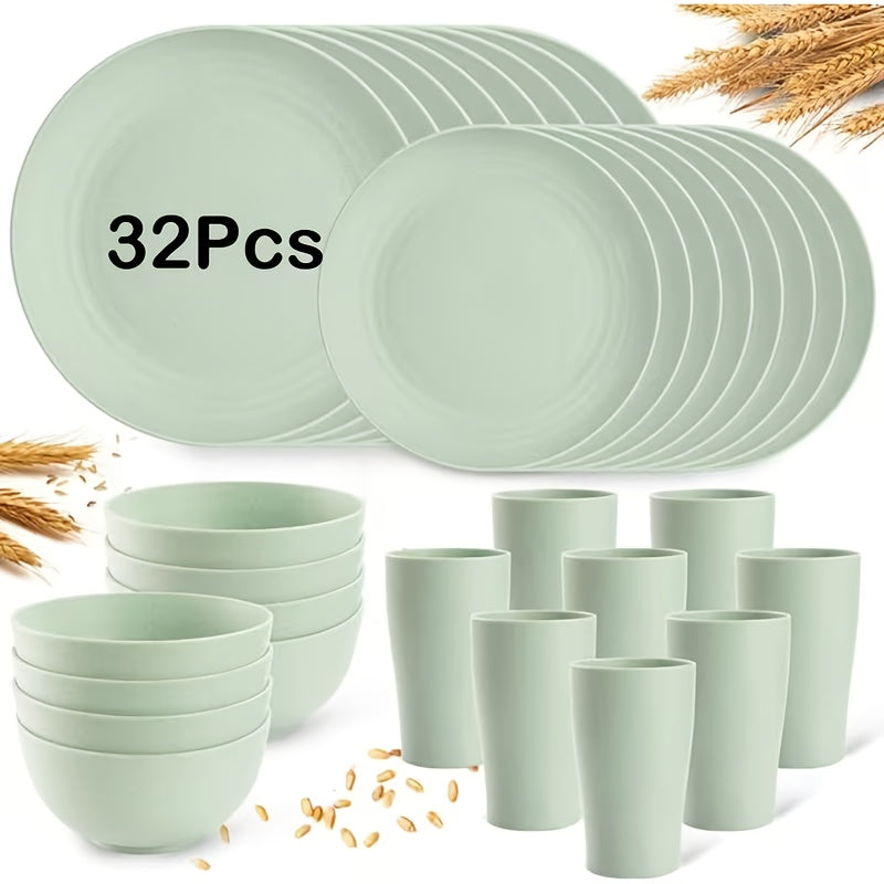 16/32-Piece Wheat Straw Dinnerware Set – Microwave & Dishwasher Safe Plates, Bowls & Cups – Lightweight Unbreakable Tableware for Family Gatherings, Birthday Parties & Camping