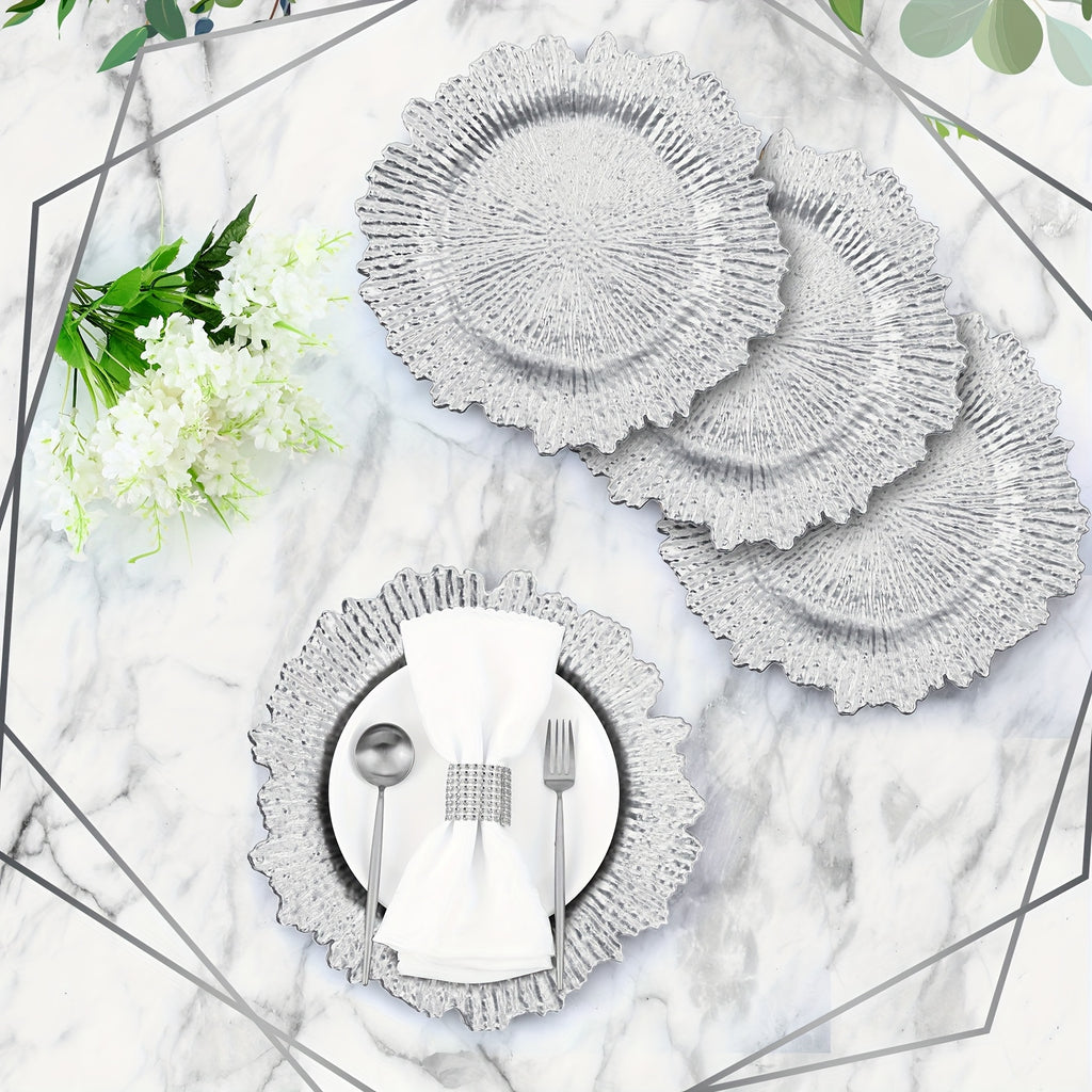 Reef Charger Plates Bulk 100 Pack Silver – 13 Inch Plastic Floral Ruffled Rim Metallic Decorative Wedding Chargers for Party, Holiday & Event Table Settings