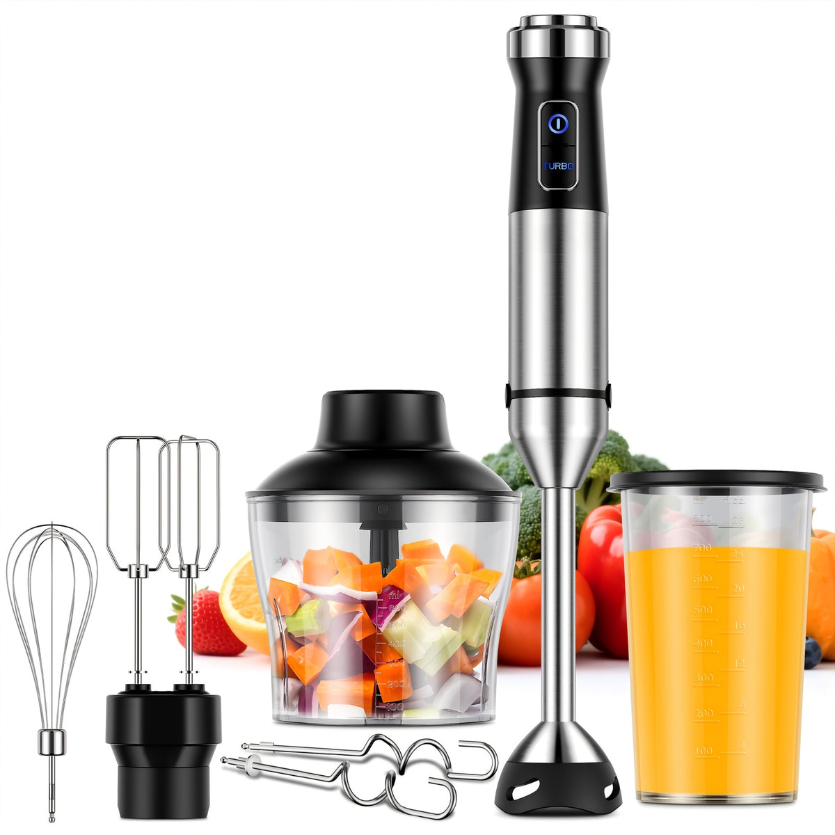 7-in-1 Immersion Blender Handheld 1000W 20-Speed Turbo with Dough Hooks, Egg Beater, Whisk, Beaker & Chopper – BPA-Free Stick Blender