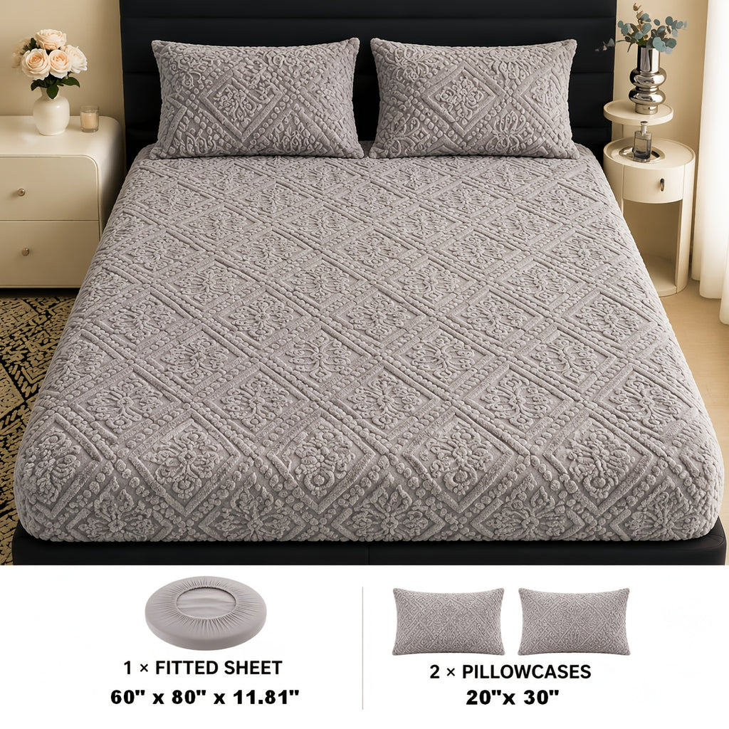 Embossed Fitted Sheet Set Super Soft Deep Pocket - European Texture Bed Sheets All Season, Machine Washable, Optional Pillowcases, Twin Full Queen King Sizes, 5 Colors Bedroom Bedding