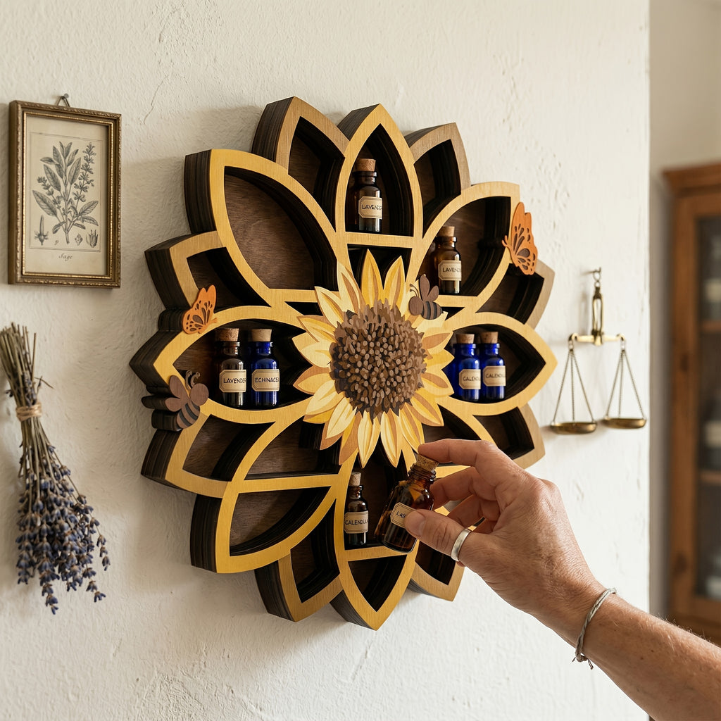 Wooden Sunflower Floating Shelf Wall-Mounted UV Printed Spiritual Decor – Crystal & Essential Oil Organizer, Meditation Room Wall Art, Living Room Storage Shelf