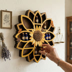 Wooden Sunflower Floating Shelf Wall-Mounted UV Printed Spiritual Decor – Crystal & Essential Oil Organizer, Meditation Room Wall Art, Living Room Storage Shelf
