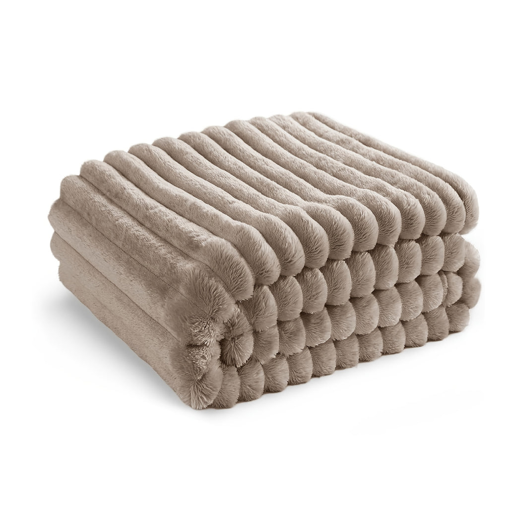 Faux Rabbit Fur Throw Blanket Ultra Soft Fluffy Striped Plush Blanket for Couch Bed Sofa Luxury Warm Winter Blanket Pink Light Brown