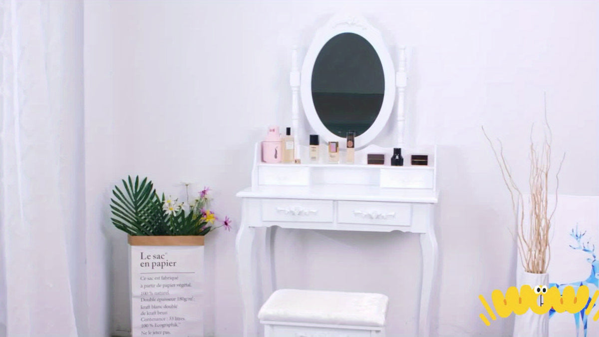 Vanity Desk with Mirror and 4 Drawers 360° Rotating Detachable Dressing Table with Stool – Modern White Makeup Table for Bedroom