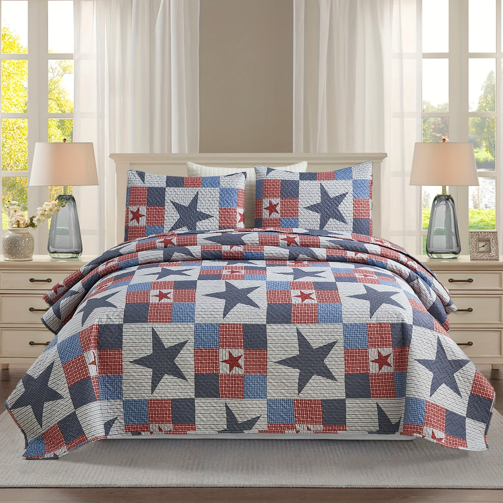 Patchwork Quilt Set 3-Piece Boho Reversible Coverlet Queen King Size Soft Lightweight Bedspread with 2 Pillow Shams All-Season Floral Stripes Bedroom Decor