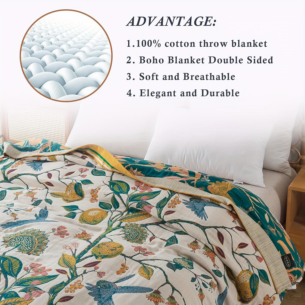 Boho Cotton Throw Blanket Twin Queen King – 100% Cotton Soft Luxury Reversible Quilt, Floral Lemon Print Farmhouse Bohemian Bed Blanket for All Seasons