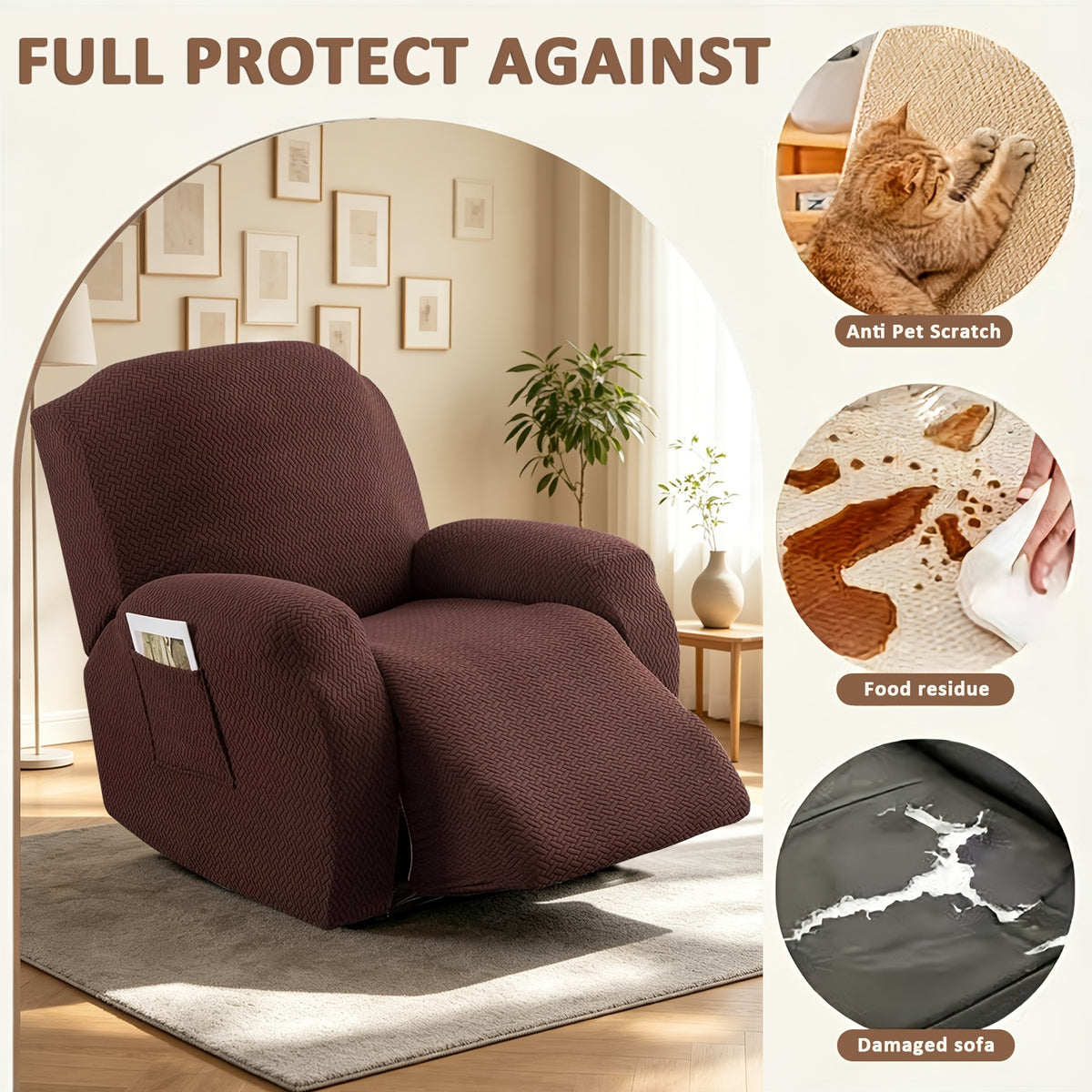 Recliner Sofa Cover 4pcs Set Jacquard Velvet High Elastic with Pocket – Removable Washable Chair & Sofa Protection Cover for Home Hotel, 7 Colors