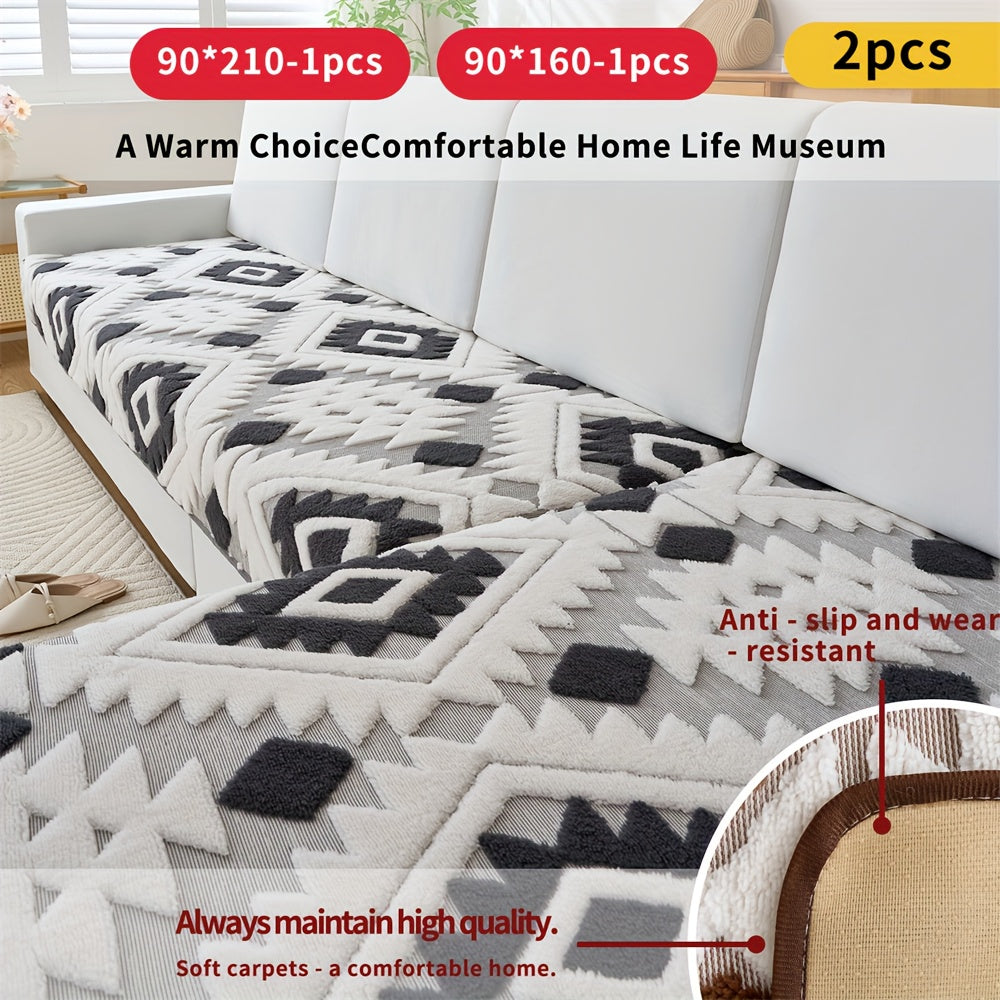 Bohemian Jacquard Sofa Cover Set 2pcs - Plush Thick Non-Slip L-Shaped Geometric Pattern Pet-Friendly All-Season Sofa Protector Machine Washable for Sectional Couches and Loveseats