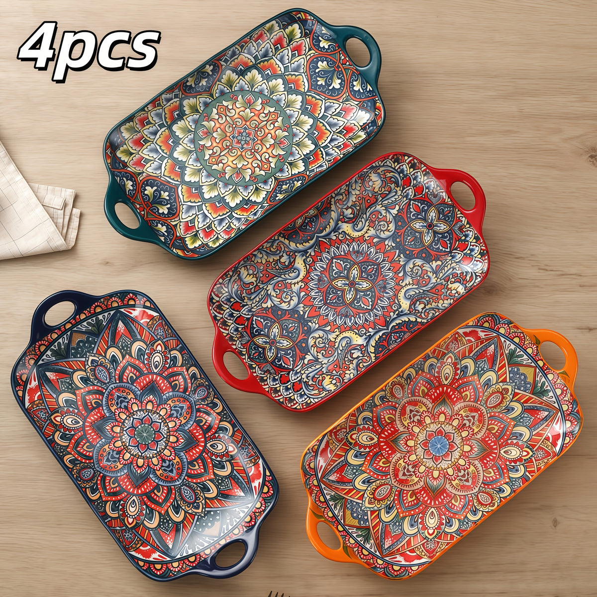 4-Piece Bohemian Ceramic Double-Ear Rectangular Fish Plate Set – Decorative Serving Platter & Baking Tray for Pasta, Steak, Sushi, Salad & Western Cuisine