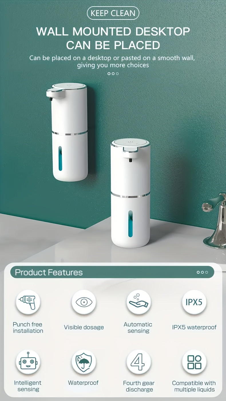 Touchless Foam Soap Dispenser Automatic USB-C Rechargeable Wall-Mounted IPX5 Waterproof 400ml with 4 Adjustable Foam Levels for Bathroom and Kitchen – No Battery Needed