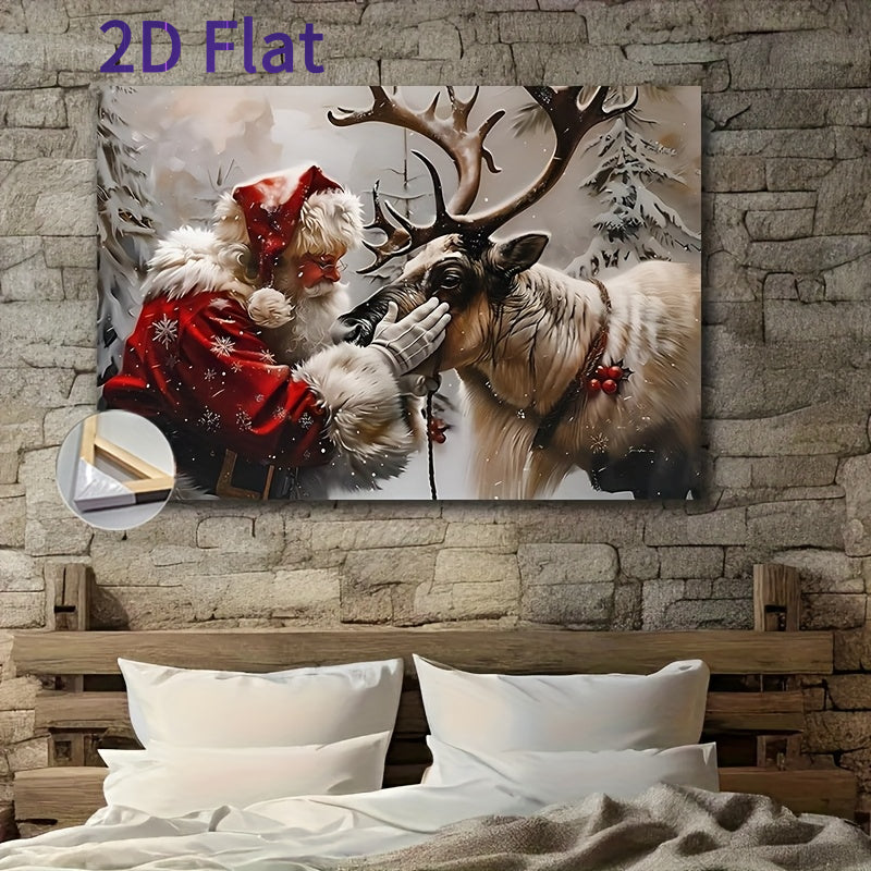 Santa Claus Petting Reindeer Framed Canvas Wall Art, Festive Pine Tree Scene 12x18in Solid Wood Frame – Bohemian Style Christmas & Holiday Home Decor for Living Room, Bedroom & Home Office